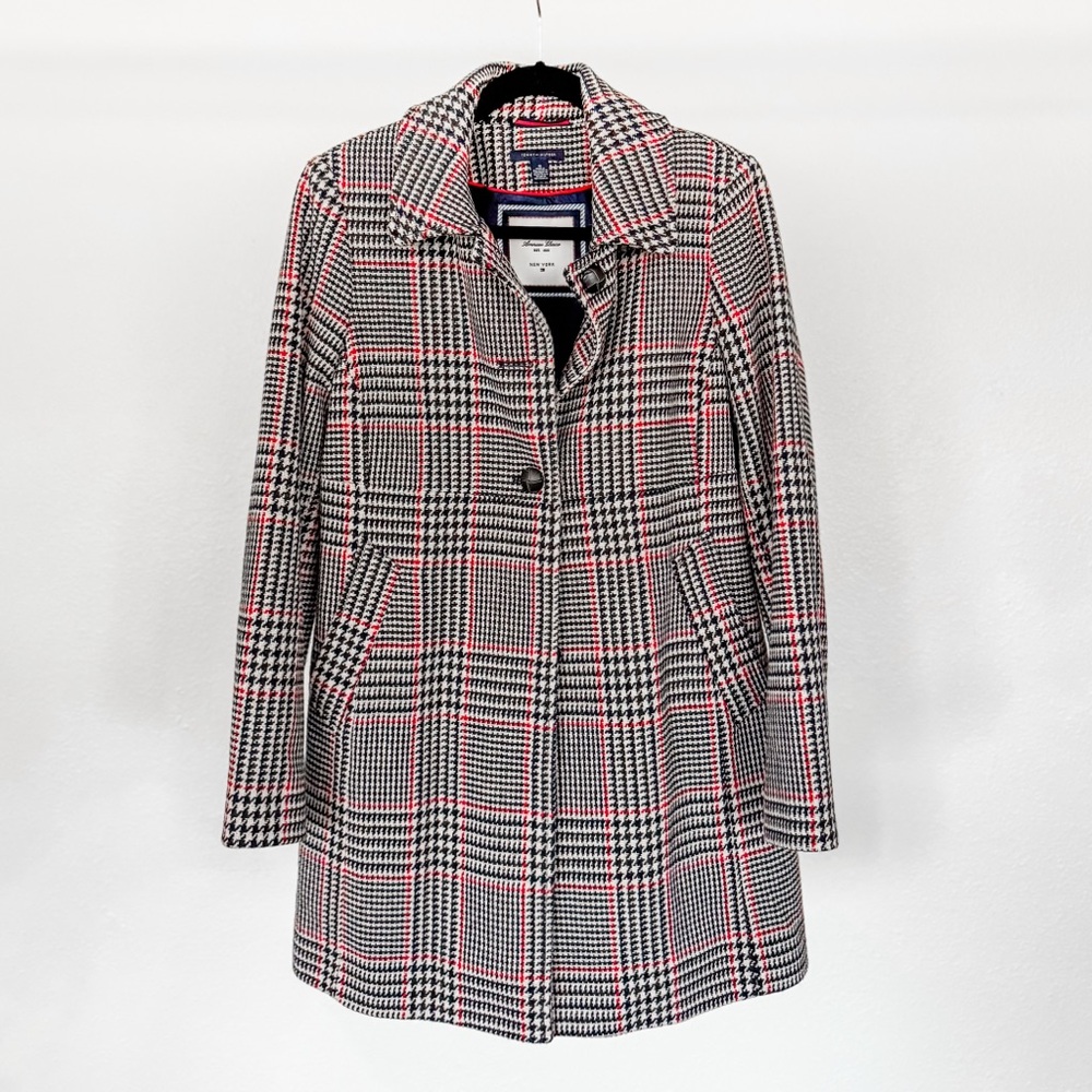 Tommy Hilfiger Navy and Red Plaid Pea Coat Medium